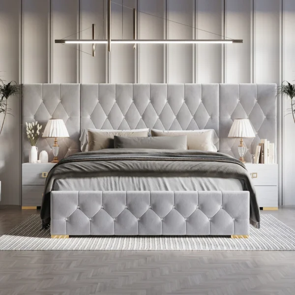 Luxurious Velvet Tufted Platform Bed with Wall Panels