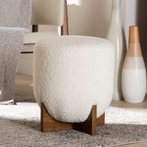 Cream Boucle Fabric Ottoman Footstool