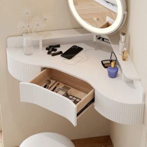 Wall-Mounted White Dressing Table with Storage & LED Mirror