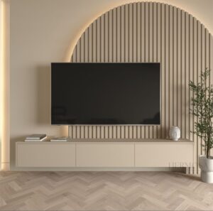 Minimalist Floating TV Unit with Arched Slat Wall Panel