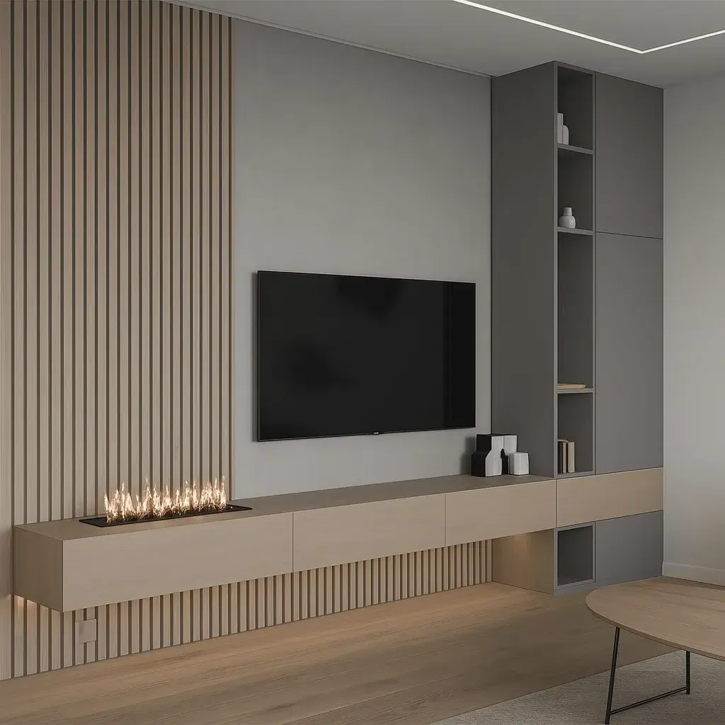 Modern Floating TV Unit with Wall Panel & Storage