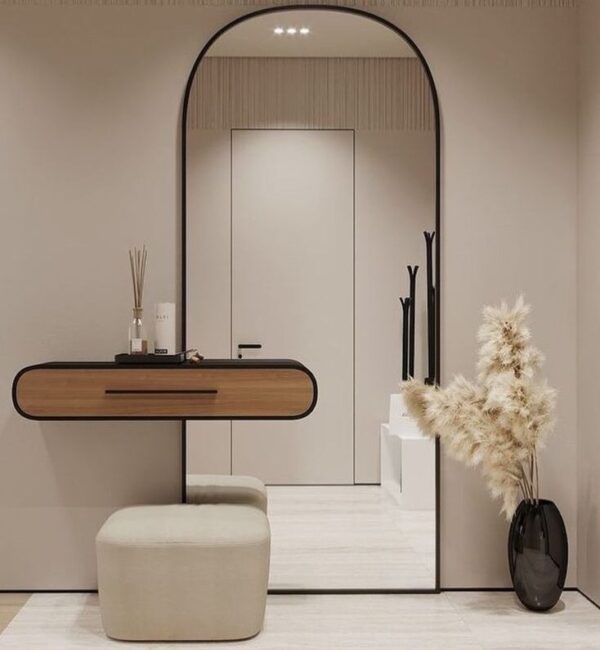 Modern Arched Mirror Console with Floating Storage