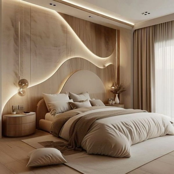 Modern LED Wood Accent Bed Set – Beige Luxury Bedroom