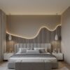 Scalloped Velvet Wall Panel Bed with Wave LED Accent