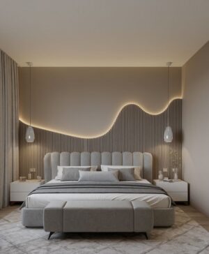 Scalloped Velvet Wall Panel Bed with Wave LED Accent