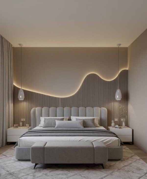 Scalloped Velvet Wall Panel Bed with Wave LED Accent
