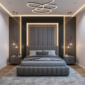 Modern Velvet Wall Panel Bed with LED Accent Headboard