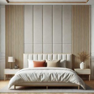 Wood Slat Wall Panel Bed with Upholstered Headboard