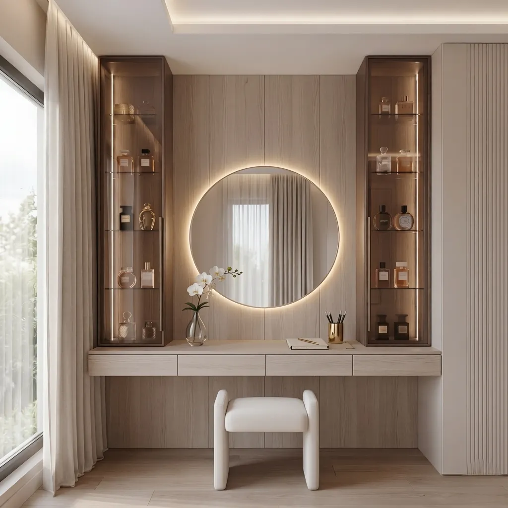 4 Drawer Vanity Table with Glass Display Cabinets & LED Mirror