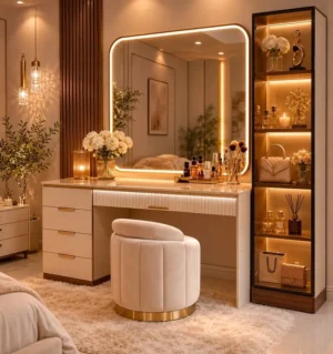 5 Drawers Vanity Table with Mirror & Glass Display