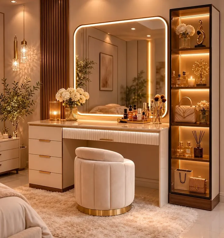 5 Drawers Vanity Table with Mirror & Glass Display