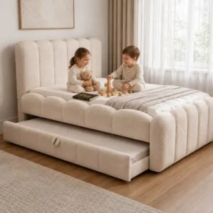 Aabz Plush Channel-Tufted Trundle Bed